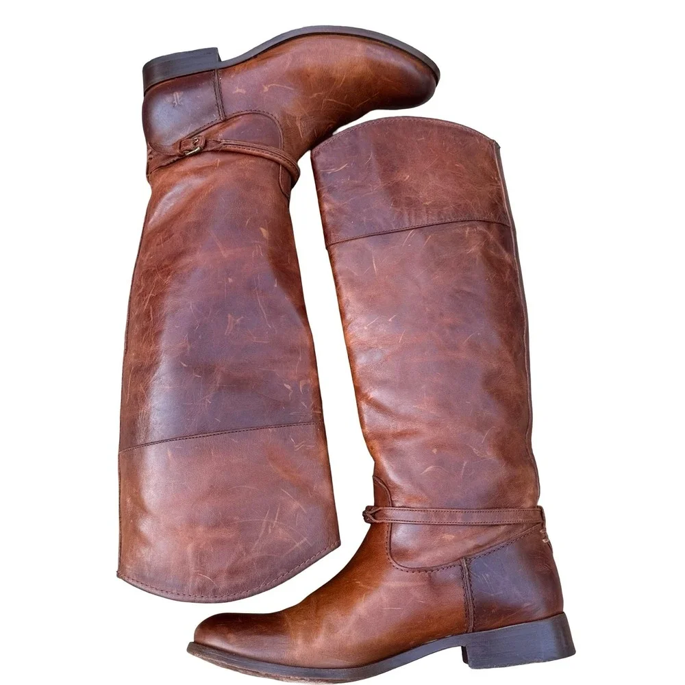 Frye Melissa Seam Harness Tall Riding Boots Brown Leather Women's 8 B USA - Picture 3 of 13